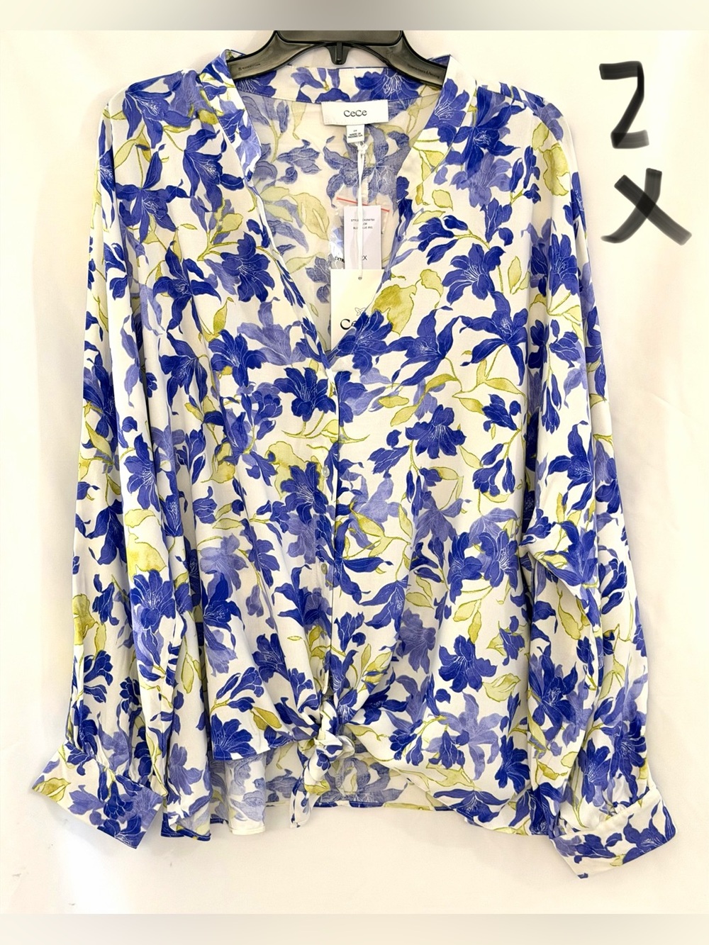 CeCe White Blouse with Blue Floral Print and Green Leaves, Front Tie